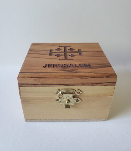 Hand Carved Olive Wood Box with Jerusalem Cross Carving on Top.