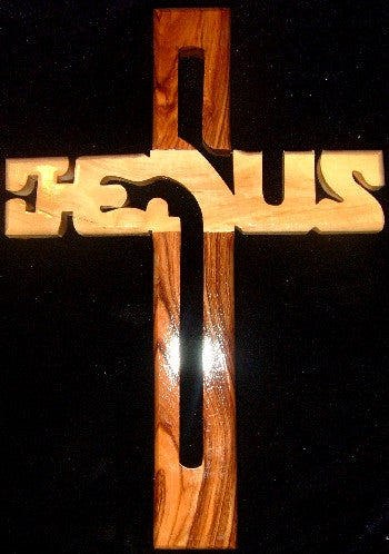 Hand Carved Olive Wood Cross with JESUS outlined