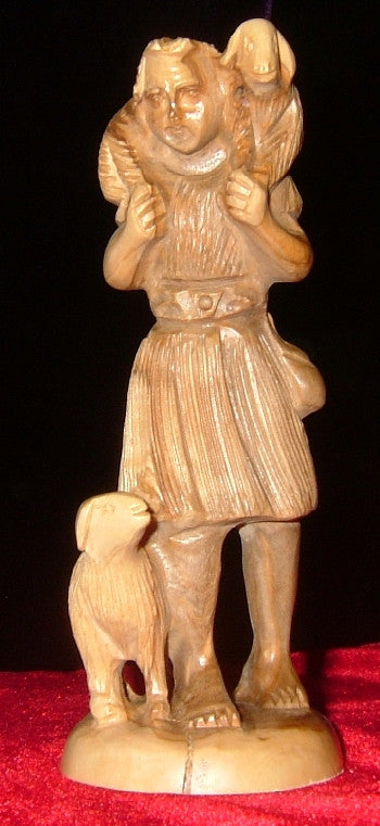Hand Carved Olive Wood Statue: Shepherd Carying a Lamb on His Sholders,and a Second Lamb by his Feet.