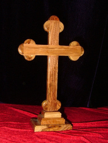 Hand Carved Olive Wood Celtic Style Cross with Beveled Edges with Table Stand