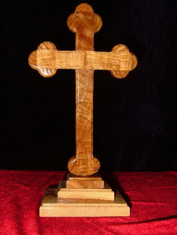 Hand Carved Olive Wood Celtic Style Cross with Beveled Edges with Table Stand