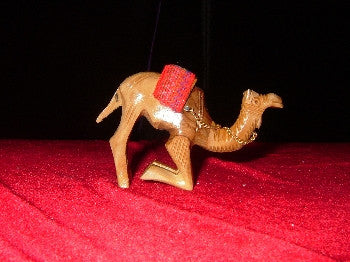 Hand Carved Olive Wood Statue: Kneeling Camel with Red Sadle