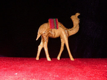 Hand Carved OliveWood Statue: Standing Camel with Red Sadle