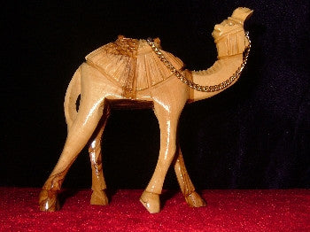 Hand Carved Olive Wood Statue: Standing Camel with Sadle