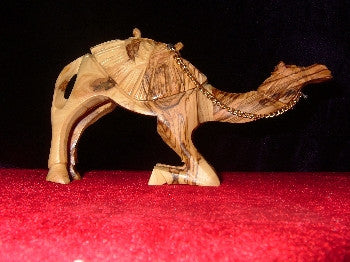 Hand Carved Olive Wood Statue: Kneeling Camel with Sadle