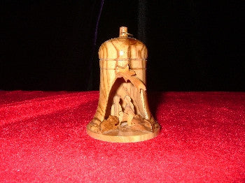 Hand Made OliveWood Nativity Ornament in Bell Manger