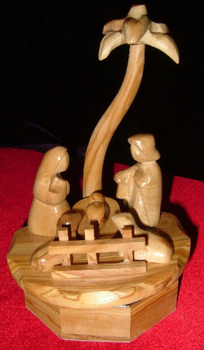Hand Made Olive Wood Palm Tree Nativity that Plays Silent Night