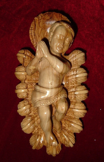 Hand Carved Olive Wood Statue: Baby Jesus with Crib