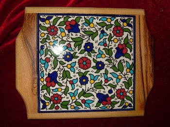 Hand Carved Olive Wood Hot Plate with Floral Decorative Ceramic Top