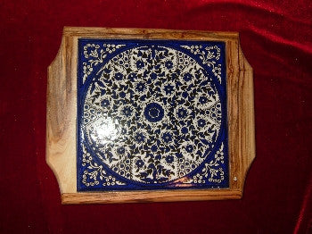 Hand Carved Olive Wood Hot Plate with Floral Decorative Ceramic Top