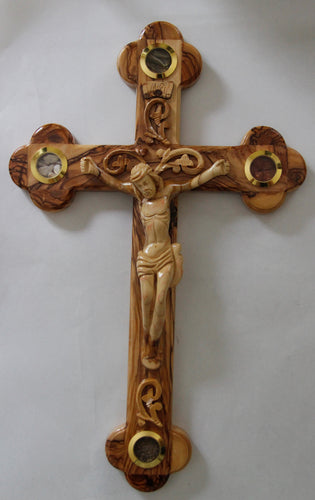 Hand Carved Olive Wood Celtic Style Crucifix with Treasures from The Holy Land.